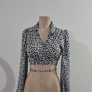 Black & White Geometric Wrap Crop Top